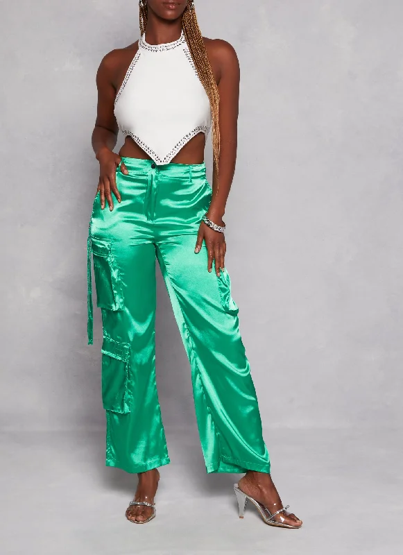 Satin High Waisted Wide Leg Cargo Pants