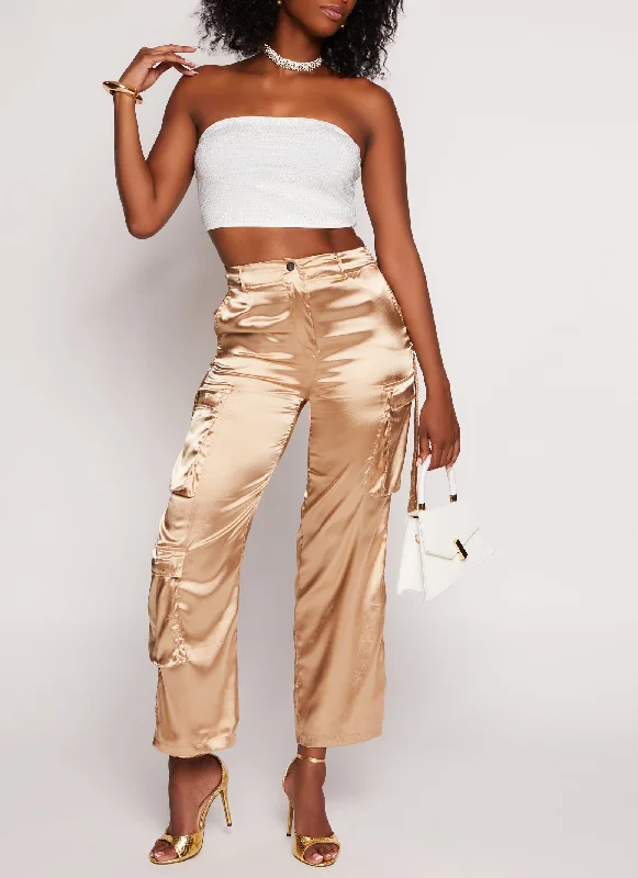 Satin High Waisted Wide Leg Cargo Pants