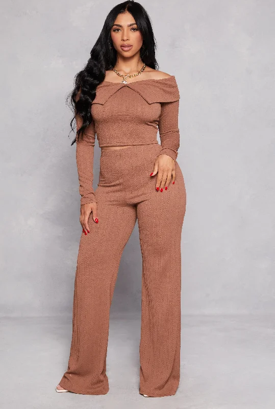 Solid Textured Knit High Waist Wide Leg Pants