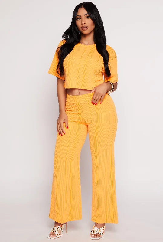 Rib Knit High Waisted Wide Leg Pants