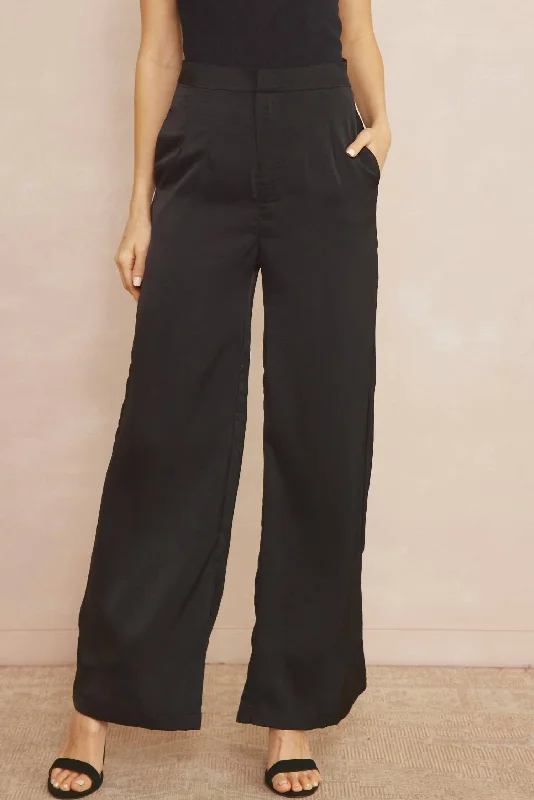 Satin High Waist Pants In Black