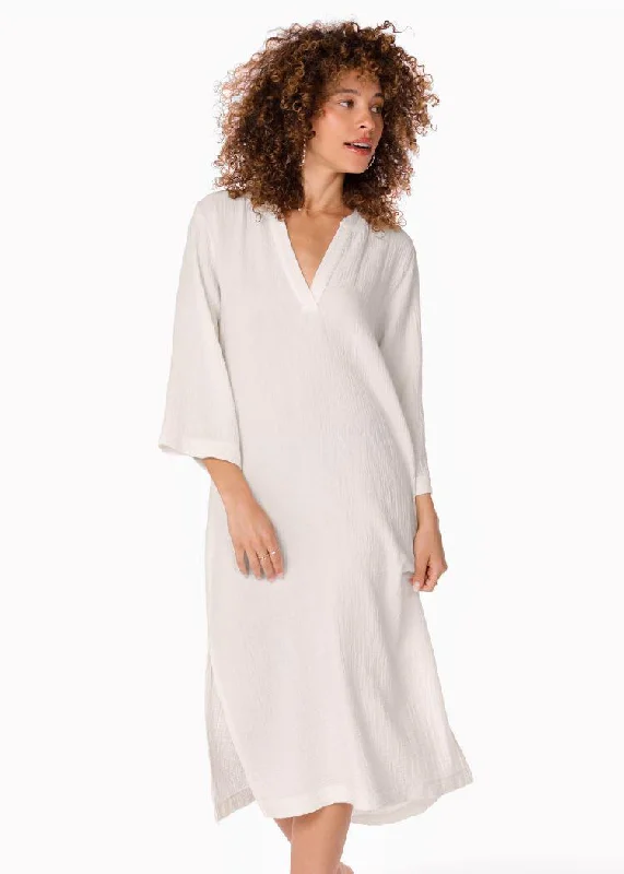 Bobi Raw Edge 3/4 SLV Midi Caftan- White ***FINAL SALE***