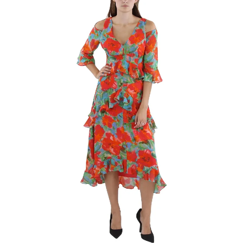 Tahari ASL Womens Floral Print Chiffon Midi Dress