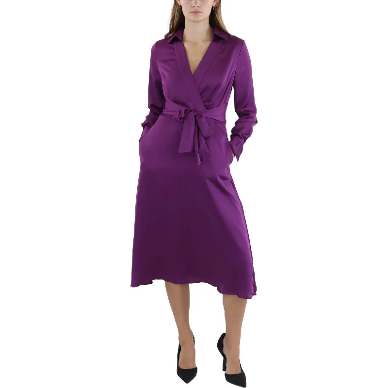 Tahari ASL Womens Satin Belted Midi Dress