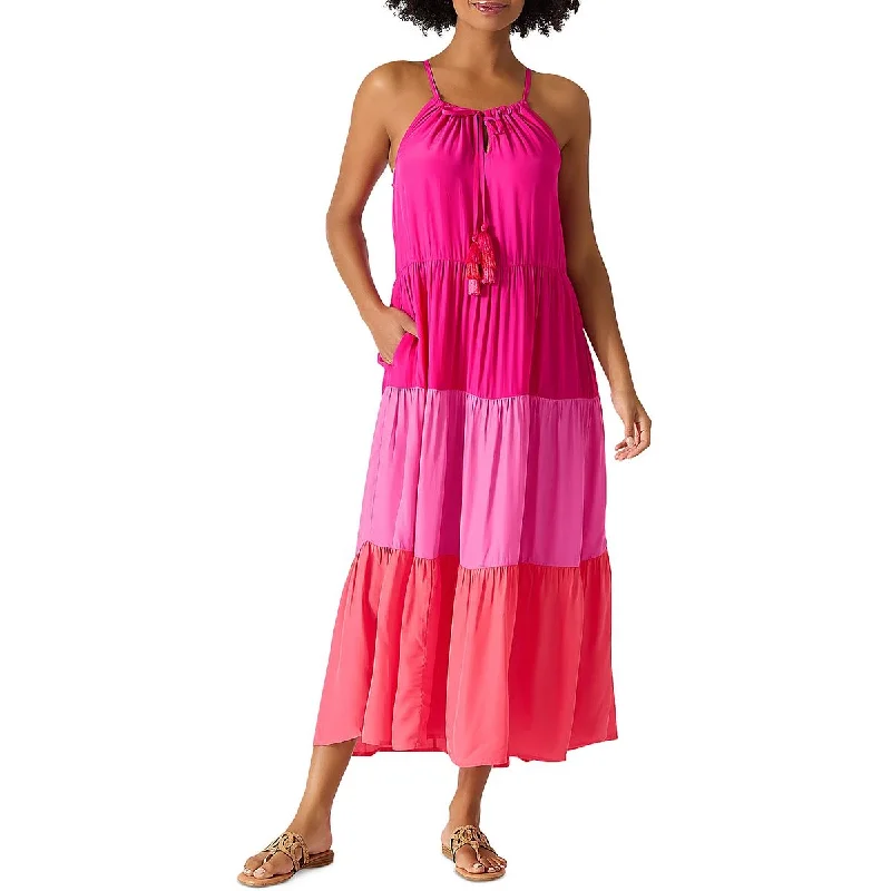 Tommy Bahama Womens Colorblock Tiered Midi Dress