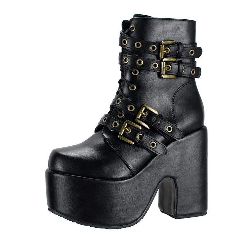 Women's Gothic Punk Buckles Lace-up Chunky Heel Boots