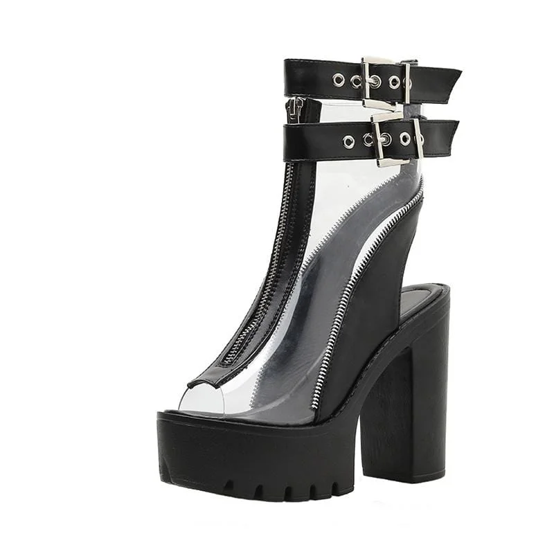 Women's Gothic Punk Chunky Heel Peep-toe Sheer Boots