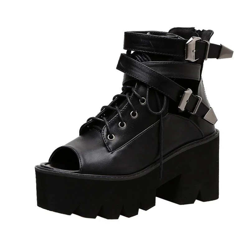 Women's Gothic Punk Lace-up Buckles Peep-toe Boots