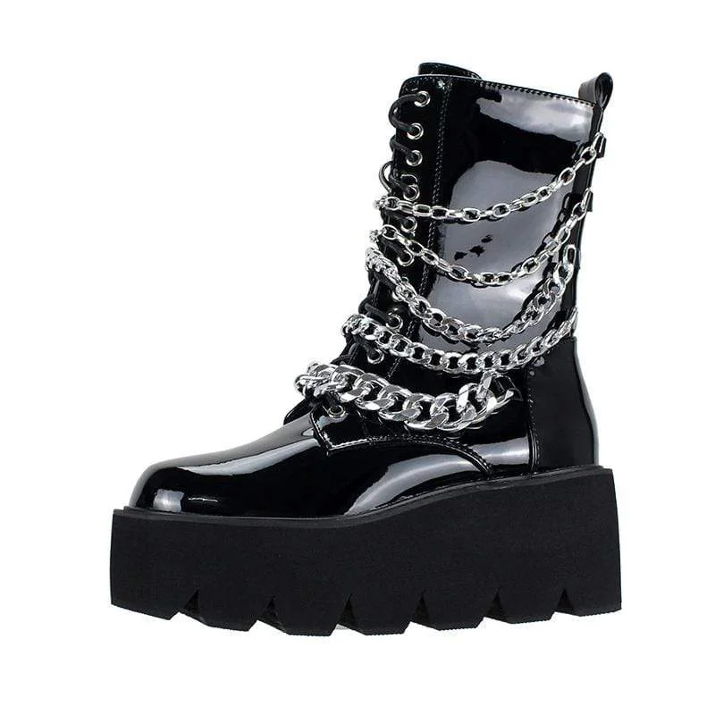 Women's Gothic Punk Patent Leather Boots with Chain