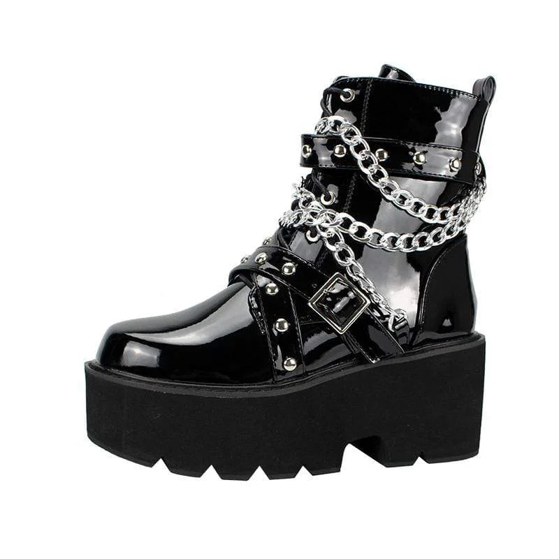 Women's Gothic Punk Patent Leather Chain Platform Boots