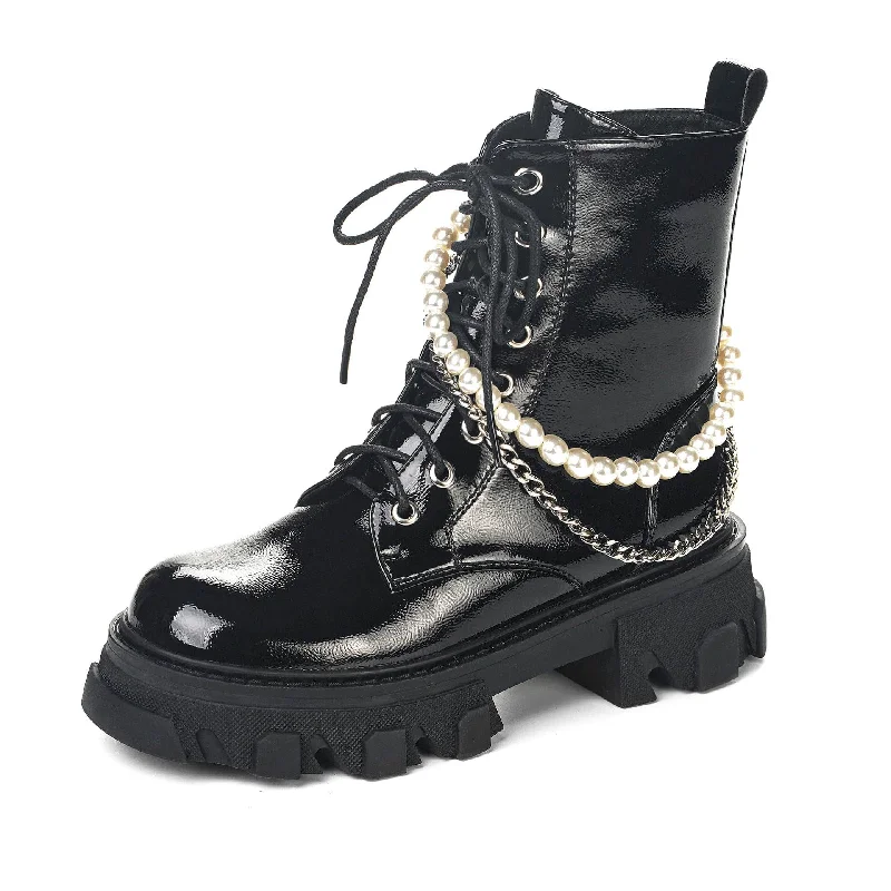 Women's Gothic Punk Square-toe Boots with Pearl Chain