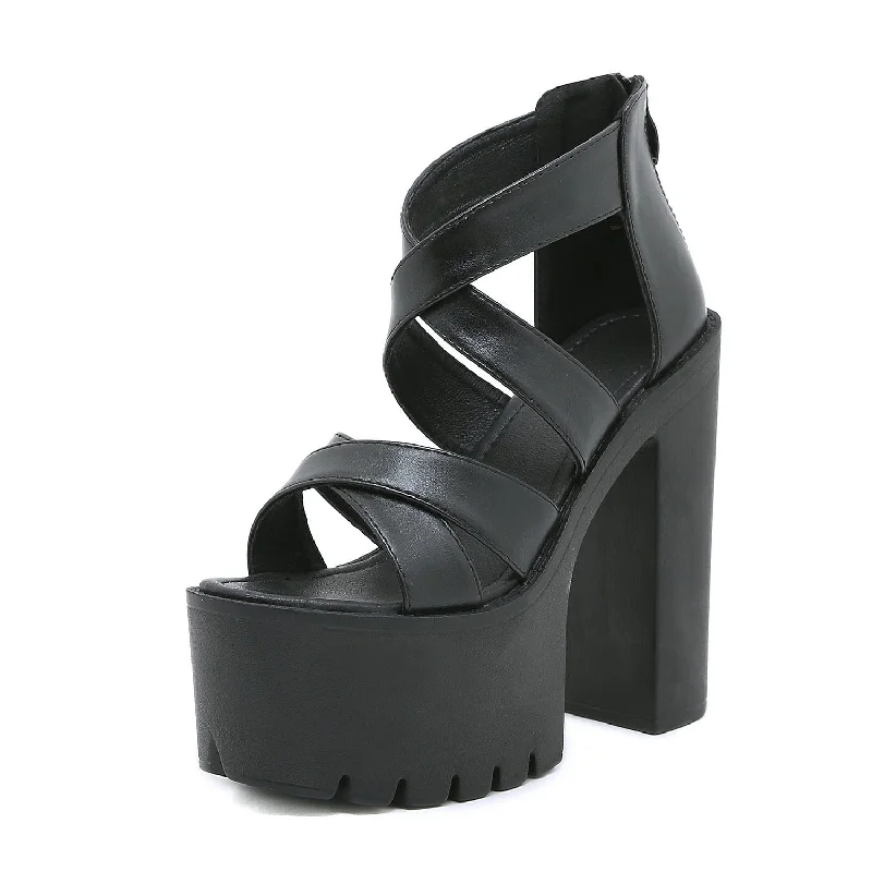 Women's Punk Crossed Zipped Chunky Heel Sandals