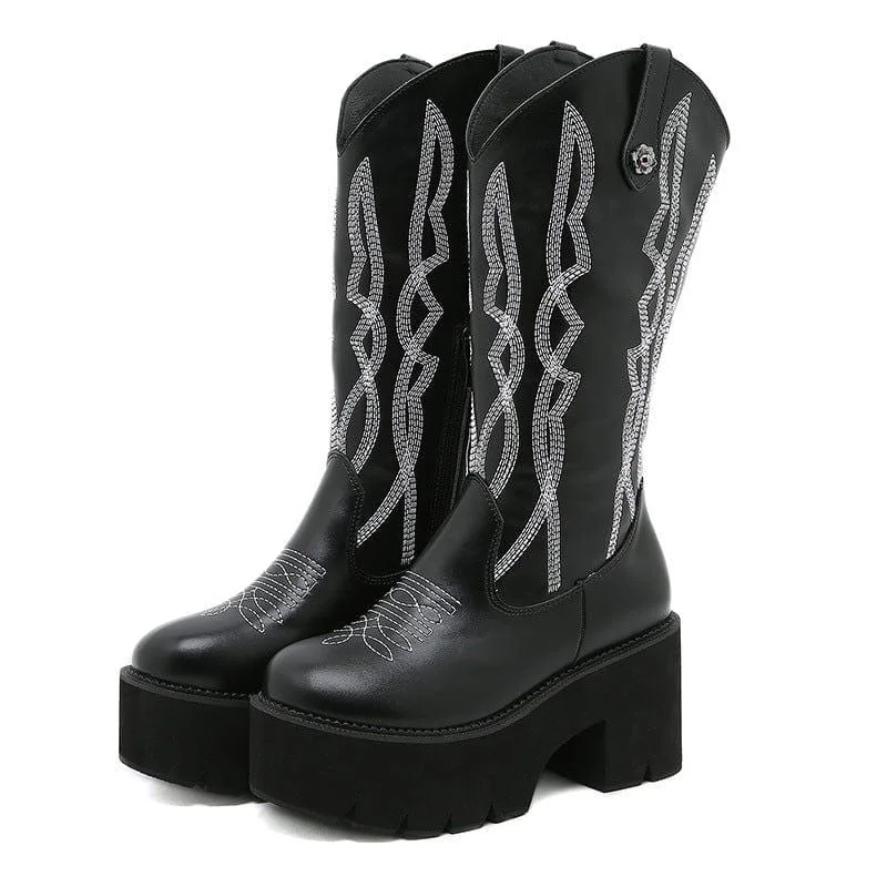 Women's Punk Embroidered Platform Buskin Boots