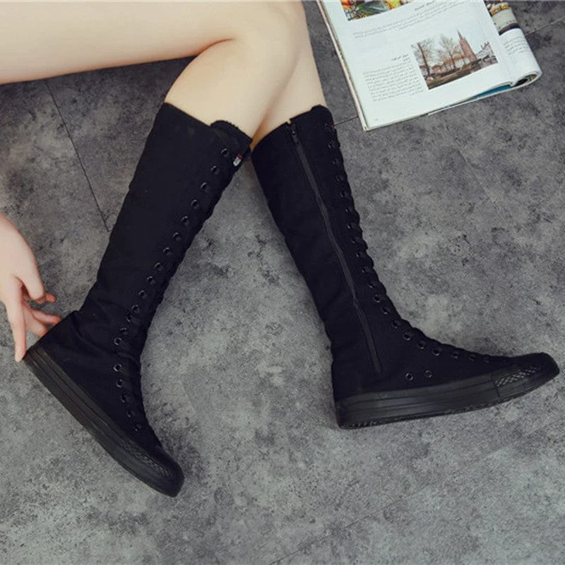 Women's Punk Lace-up Canvas High Boots