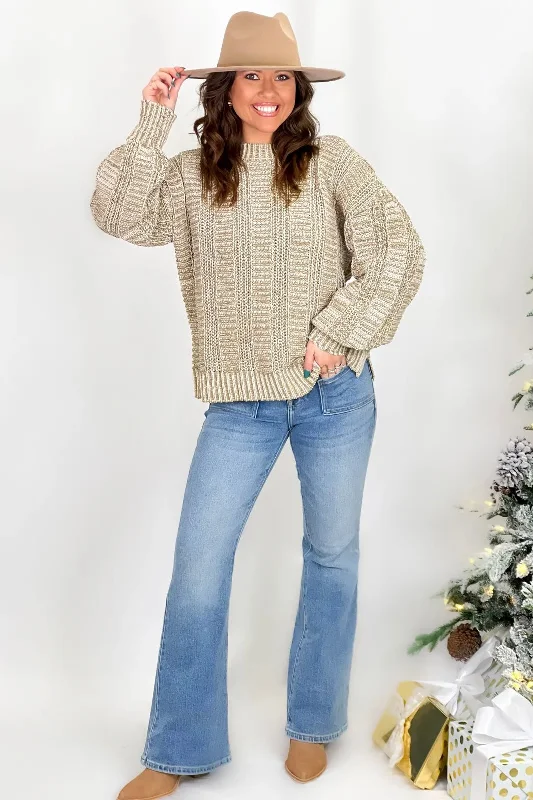 Olive Mixed Knit Pattern Sweater