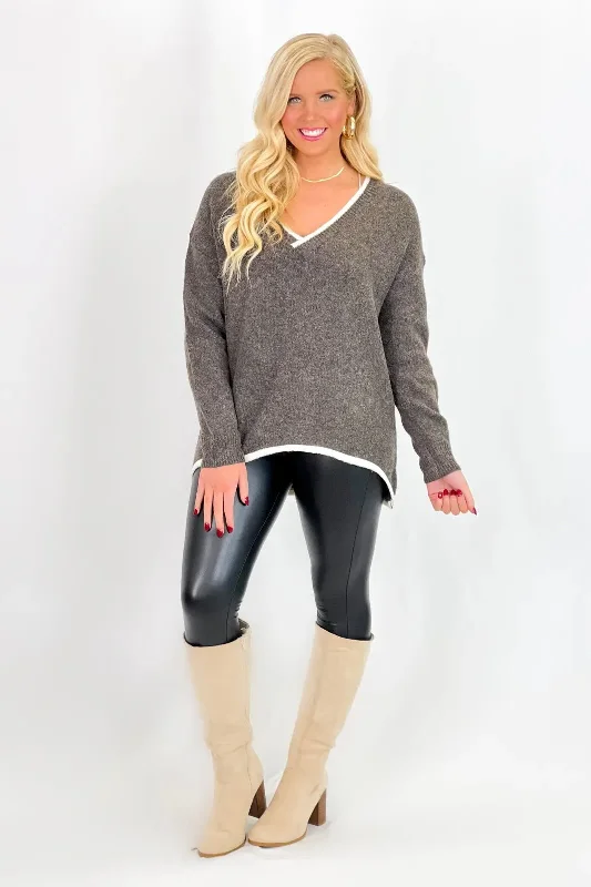 Brown Drop Shoulder V-Neck Sweater