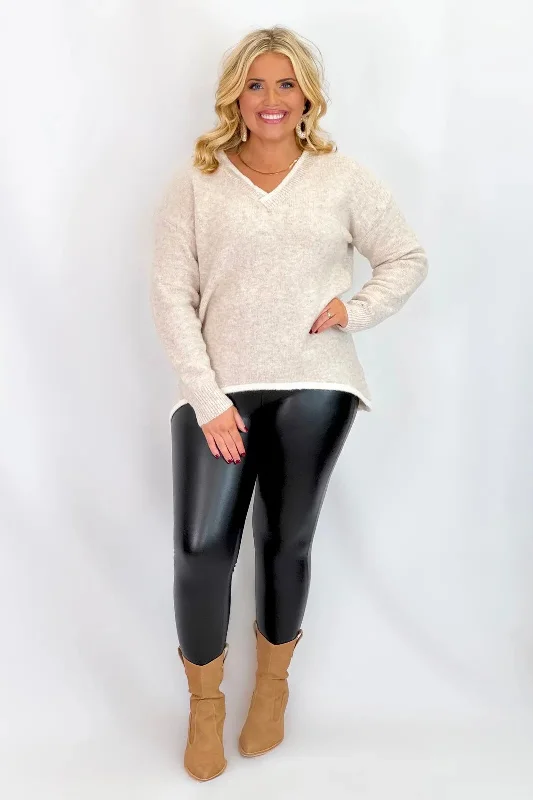 Oatmeal Drop Shoulder V-Neck Sweater