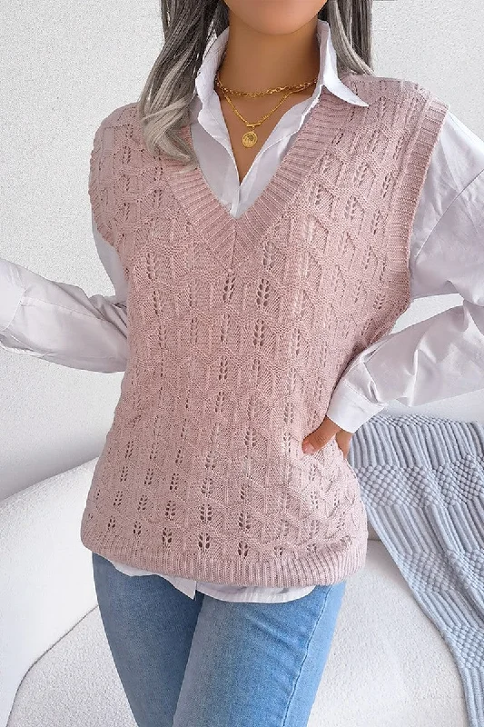 WOMEN CABLE KNITTED RIBBED V NECK SWEAT VEST