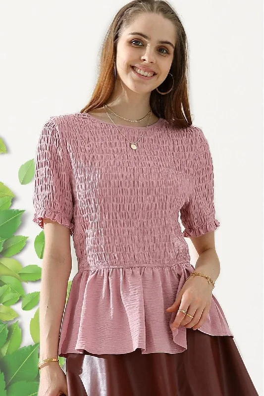 SMOKED RUFFLE SHORT SLEEVE TUNIC TOP