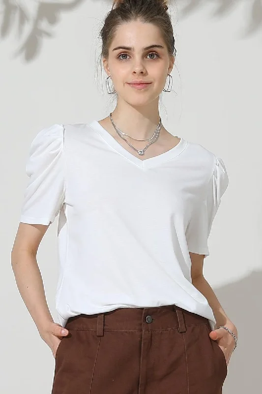 PUFFED SLEEVE SOLID CASUAL TOP