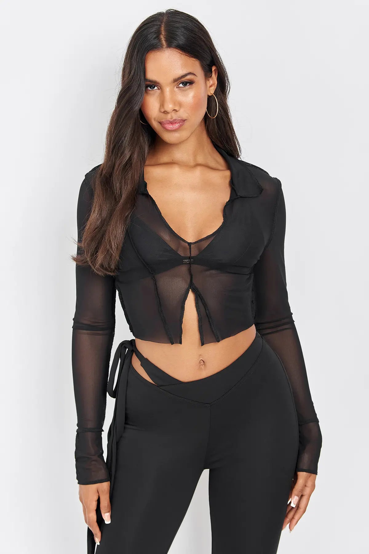 Plain Sheer Split Crop Top